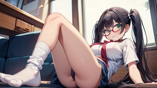 masterpiece,highest quality,wonderful,finely,High resolution,1 girl, big breasts,(loose socks:1.3), black hair, glasses, green eyes,twin tails,full body