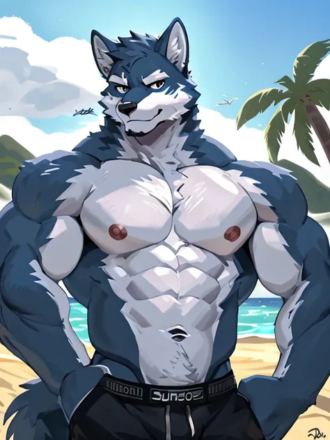 1 boy, solo, there is a blue wolf in a underwear, anthropology, wolf, hairy, blue and white fur, flex left arm muscles, korean muscle boy 2 1 years old, shirtless :: high detail, open v chest clothes, taken in 2 0 2 0, the super hot and sexy, the extremely...