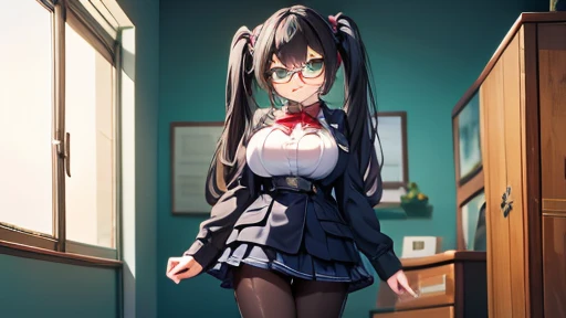 masterpiece,highest quality,wonderful,finely,High resolution,1 girl, big breasts,(pantyhose:1.3), black hair, glasses, green eyes,twin tails,full body