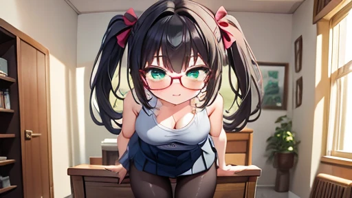 masterpiece,highest quality,wonderful,finely,High resolution,1 girl, big breasts,(pantyhose:1.3), black hair, glasses, green eyes,twin tails,full body