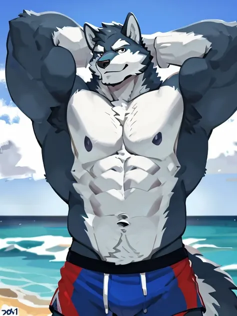 1 boy, solo, there is a blue wolf in a underwear, anthropology, wolf, hairy, blue and white fur, flex left arm muscles, korean muscle boy 2 1 years old, shirtless :: high detail, open v chest clothes, taken in 2 0 2 0, the super hot and sexy, the extremely...