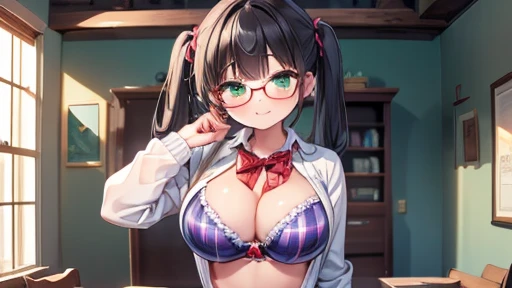 masterpiece,highest quality,wonderful,finely,High resolution,1 girl, big breasts,(plaid bra:1.3), black hair, glasses, green eyes,twin tails,full body