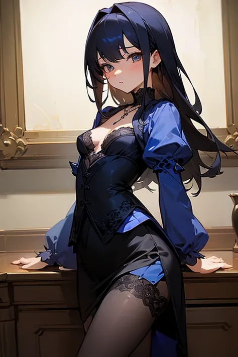 最高masterpiece、masterpiece、highest quality、Blue Lace Top、black tight skirt、elegant、sexy、necklace、black stockings、Beautiful woman、cute、upper grade、small breasts、sharp、