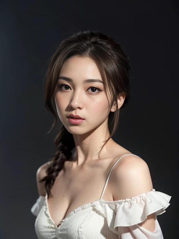 best quality, masterpiece, (photorealistic:1.4), 1girl, cowboy shot, luxury elegant bare shoulder  dress, dramatic lighting, hair over shoulders, white gloves, , luxury hall background, night, asian face, braid hair, small breasts