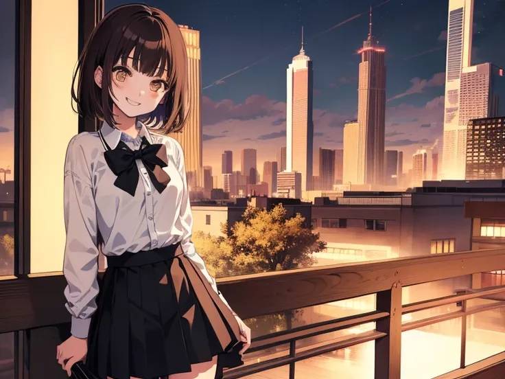 ((((very smiling)))),(((Long shot, taken from the front, 1 girl, white , black skirt, short bob, brown hair, golden eyes, 14 years old, short height, city girl) ))), ((On the way home from school)), ((Uniform)), (Masterpiece), (High resolution), (Top quali...