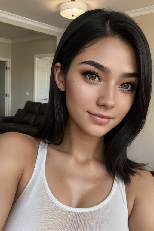 (amateur 1.2), amateur camera selfie of 21 years old caucasian female, black hair, low exposure, low lighting, unprofessional natural lighting, realistic lighting, dark light, low light, very black eyes with hyperrealistic eye lashes, hyper realistic skin ...