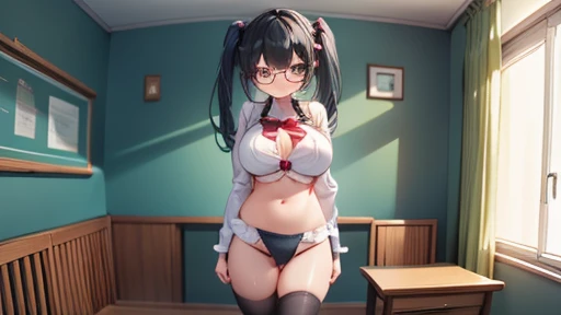 masterpiece,highest quality,wonderful,finely,High resolution,1 girl, big breasts,(frilled panties:1.3), black hair, glasses, green eyes,twin tails,full body