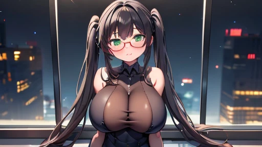 masterpiece,highest quality,wonderful,finely,High resolution,1 girl, big breasts,(bodystocking:1.3), black hair, glasses, green eyes,twin tails,full body