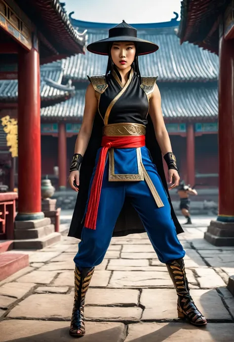 Full Body Ultra Realistic Extremely Beautiful Detailed 8k Photography , which depicts , from the movie Mortal Kombat Kung Lao Asian smooth lips , on the head is a black Razor-Rimmed Hat, an unusual wide-brimmed flat hat with blades and a round cap on top ,...