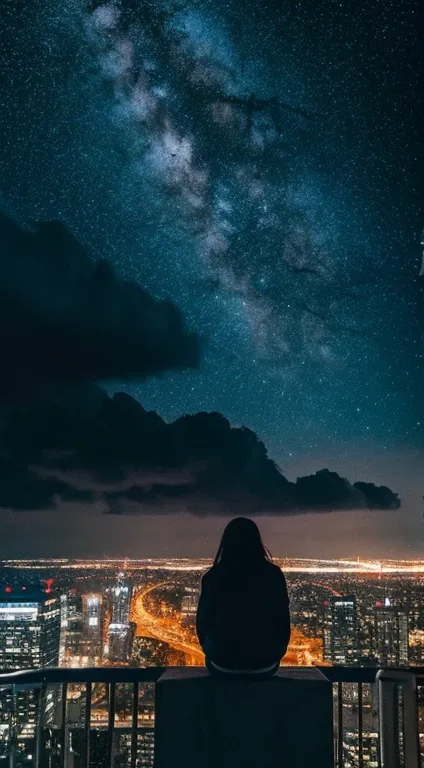 octane, null, star (null), scenery, starry null, night, 1 girl, night null, alone, outdoor, building, cloud, milky way, sitting, wood, long hair, city, silhouette, cityscape