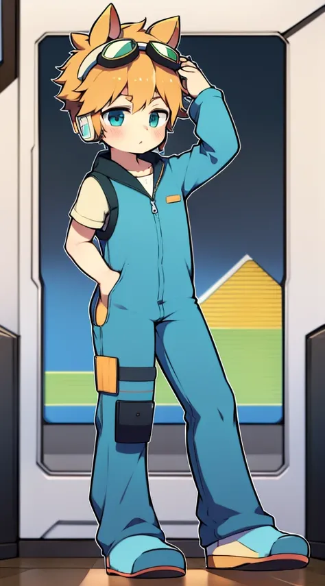 2D boy Shota，jumpsuit，Slim, healthy body，Put the headphones on your head，stand up，goggles，rabbit ears，hold hands