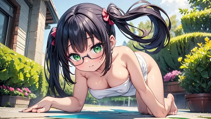 masterpiece,highest quality,wonderful,finely,High resolution,1 girl, big breasts,(naked towel:1.3), black hair, glasses, green eyes,twin tails,(crawl on all fours),(from below)