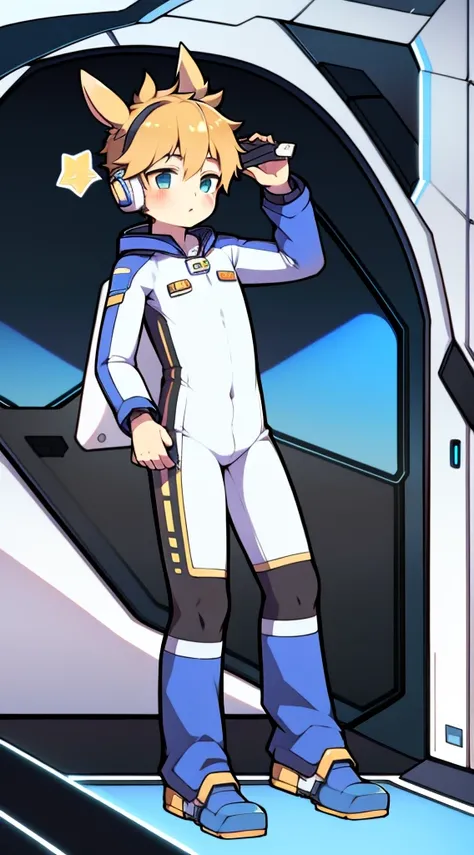 2D boy Shota，Siamese spacesuit，Slim, healthy body，Put the headphones on your head，stand up，goggles，rabbit ears