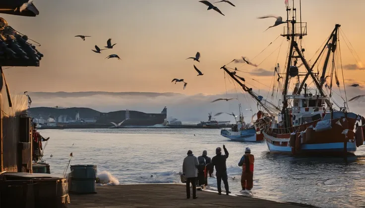 Sanriku Port、A tuna fishing boat enters the harbor in the morning sun.、A big fishing flag is fluttering、many seagulls flying、