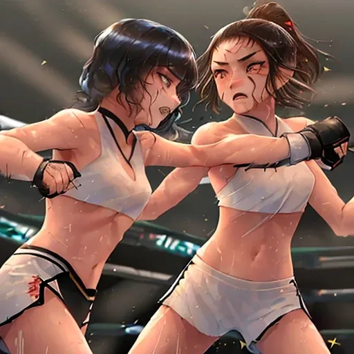 Two beautiful young female mixed martial artists、They&#39;re punching really hard in the Octagon.。Rivals。fist fight。Batting battle。wild battle。fierce battle。black hair。desperate look。sweaty。Full of scars。six pack。Shortness of breath with open mouth。Topless...