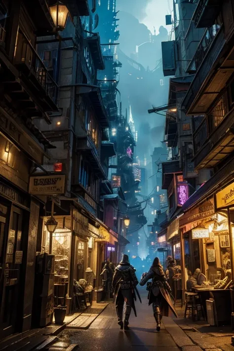 a city mixing medieval fantasy with cyberpunk