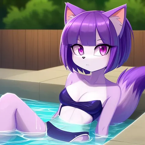 Female_cat, ((light_lavender_fur)), ((white_belly_fur)), ((dark_purple_bob_cut_hairstyle)), ((short_bangs)), ((ponytail)), ((pink_eyes)), ((dark_purple_cat_tail)), ((skinny_body)), ((small_breasts)), ((strapless bathing suit)), ((cleavage))