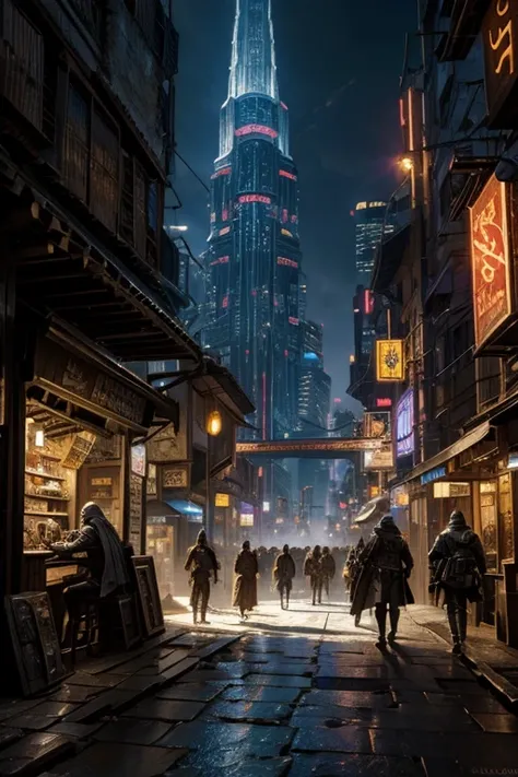 a city mixing medieval fantasy with cyberpunk
