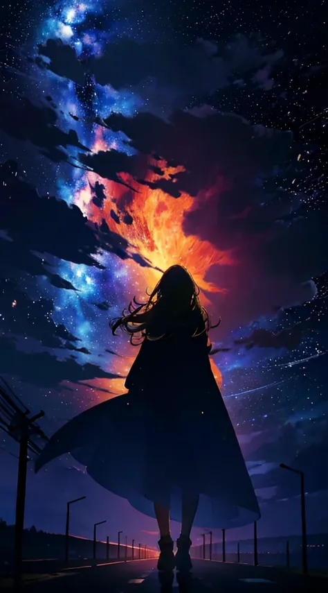 １people々,blonde long hair，woman，Rear view，long coat，silhouette， opened a huge gate，, space sky, milky way, anime style, Light Post, 