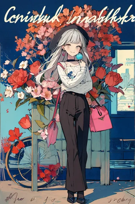 (masterpiece:1.2), highest quality,pixiv,sweet girl , 1 girl, flower, cup, have, bob hair, gray hair, bag, high heels, food, jewelry, earrings, looking at the viewer, smile, holding, long hair, inner color、alone, fruits, pants style， flower柄のshirt、handbag,...