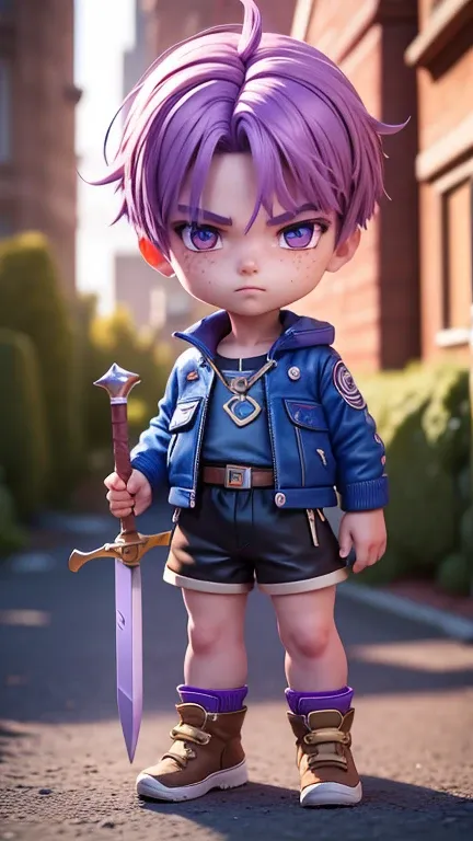 masterpiece, best quality, 8k, cinematic light, ultra high res, chibi, 1boy, shorts, purple hair, sword, blue jacket, shoes, bro...