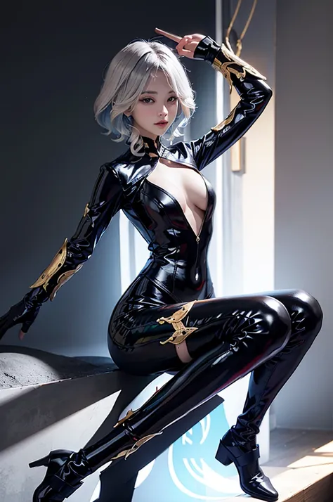 ((masterpiece, highest quality, High resolution)), she is about 20 years old、Anemone、goddess、height: 165cm、big breasts、Breast augmentation、Pink and blue soft short cut blonde hair,delicate face,Black latex zentai suit with open neckline,thigh-length long b...