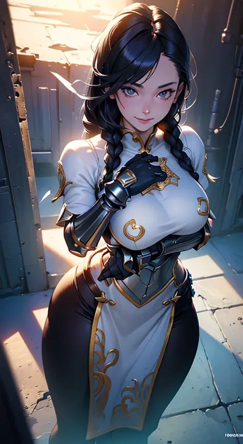 Western fantasy, A high resolution, (masterpiece:1.4), A highly detailed, 1girll, From above, space, sitted, Knight armor, Sharp focus, (Cinematic lighting), (1girll), Slight smile，The 5 fingers of each hand are very detailed，