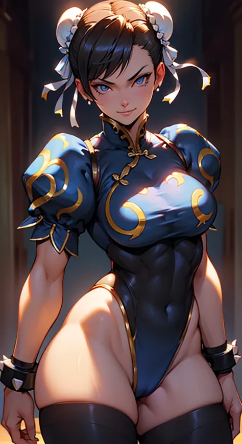 solo, masterpiece, best quality, agrias, black suit, black leotard, standing, looking at viewer, short hair,evil smile, evil look, chun li,luvas preta,roupa azul,yandere rosto,low lighting,lindos olhos,detailed eyes orange lighting
