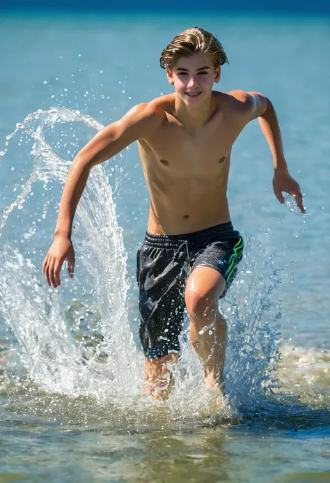 16 year old teenager with good physique playing in the water