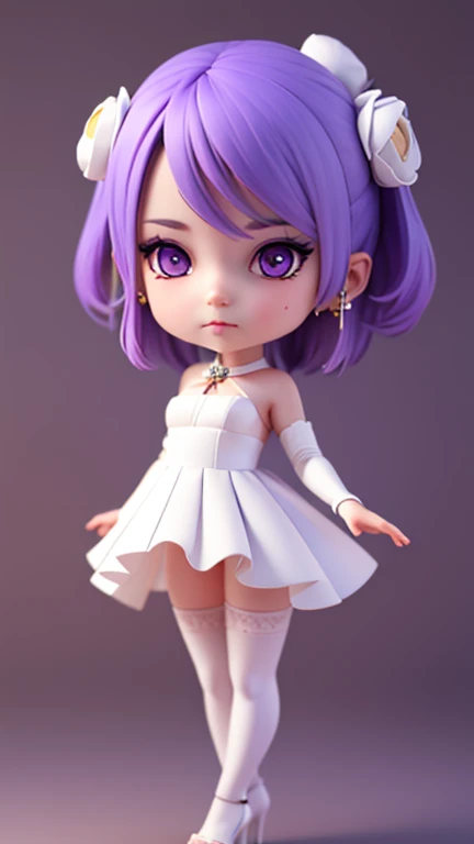 masterpiece, best quality, 8k, cinematic light, ultra high res, chibi, 1girl,purple hair, white dress, white thighhighs, high heels, earrings, flower, 