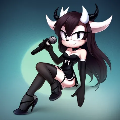 mobian, female, white fur, small breasts, cleavage, dark black long hair, black eyes, black v shape strapless dress, black high heels, white ribbon on chest, white devil horns, white halo, black garters, black arm sleeves, holding microphone, solo.