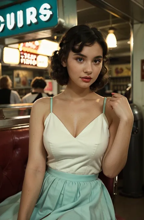 1girl dressed in a 1950s-inspired dress, complete with a full skirt and petticoat, her hair styled in classic pin curls. She should be seated at an old-fashioned diner, surrounded by vintage details like a jukebox, chrome accents, and neon signs. Her eyes ...