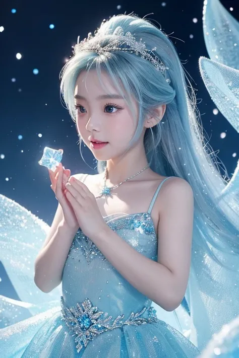 Beautiful and lovely 7-year-old Chinese girl，Wear Princess Elsa&#39;s dreamy light blue dress。The gems sparkled on her skirt，Girl happily playing with snowman。Background featuring Elsa&#39;s ice castle，Gradually transparent，Spectacular ice castle，Snowflake...