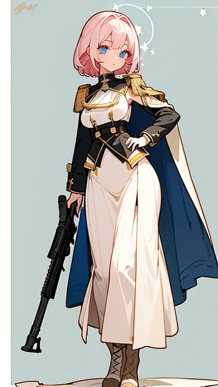 ((ultra-detailed)),masterpiece,best quality,(1 girl),(illustration),((((full-length figure)))),((transparent background)),(solo),standing,(wearing shoes on feet), ((is wearing military dress with Pelisse)),(((shoulder an assault rifle))), gothic military c...