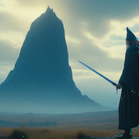 a sword-wielding wizard flying on a broom towards a giant in the distance, cinematic