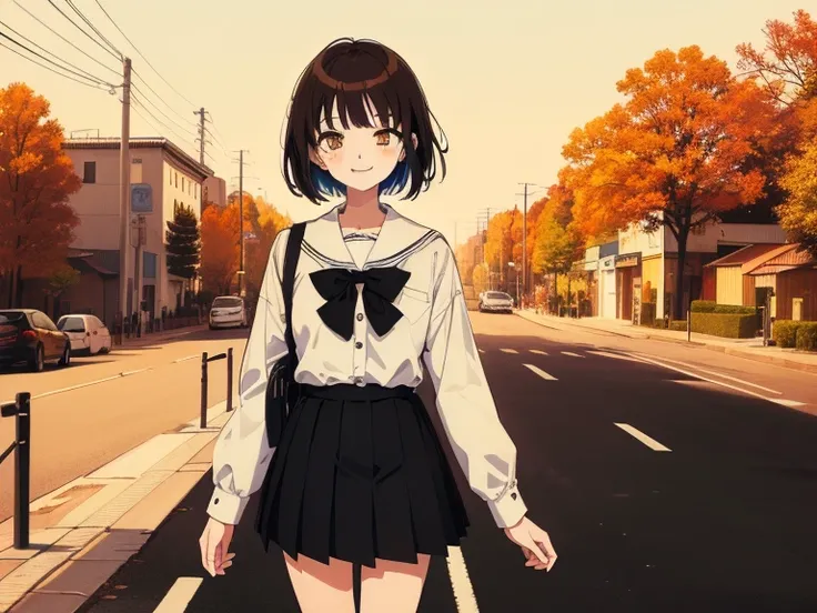 ((((Happy face)))),(((Long shot, taken from the front, 1 girl, white , black skirt, short bob, brown hair, golden eyes, 14 years old, short height, city girl))), ((On the way home from school)), ((Uniform)), (Masterpiece), (High resolution), (Top quality),...