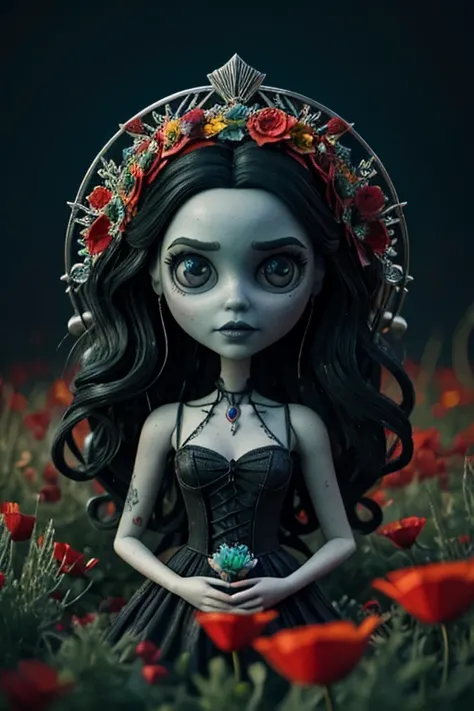 8K, ARTISTIC photogrAphy, best quAlity, mAsterpiece: 1.2), A (potrAit:1.2) Tim Burtons Corpse Bride style Diseny Toon Doll, in a field of flowers poppies with red petals , full body RAW candid cinema, 16mm, color graded portra 400 film, remarkable color, u...