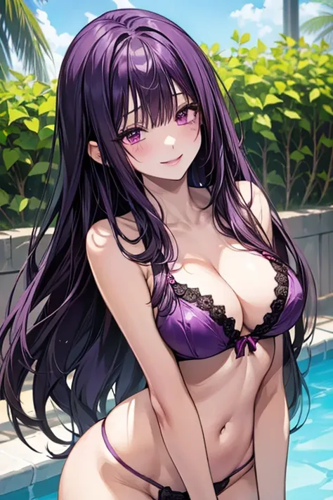 Black hair, long hair, pink eyes, sexy, large breasts, beautiful body, masterpiece, smile, ((purple lingerie)), sexy lingerie, hotel swimming pool,busty, buxom, curvy, voluptuous