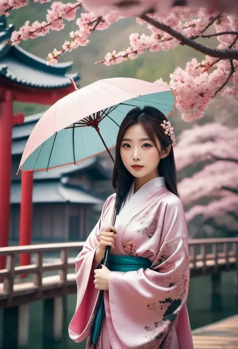 realistic photo of beautiful young Asian woman in hijab wearing kimono Eye clothes, carrying umbrella ☂️ motif (Vintage filter: 1.4), (Fantasy: 1.4), ancient temple in Japan, cherry blossoms, soft soft shadows, pastel pink shining green blue sky, Japanese ...