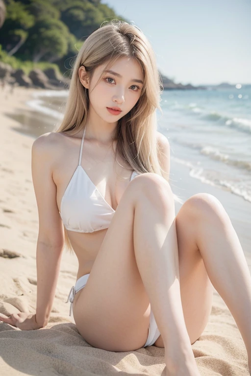 21yo girl, Arafad woman with long white hair sitting on the beach proper fully dess up, Portrait of Korean female idol, 