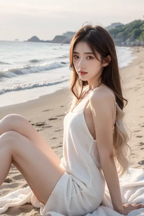 21yo girl, Arafad woman with long white hair sitting on the beach proper fully dess up, Portrait of Korean female idol, 