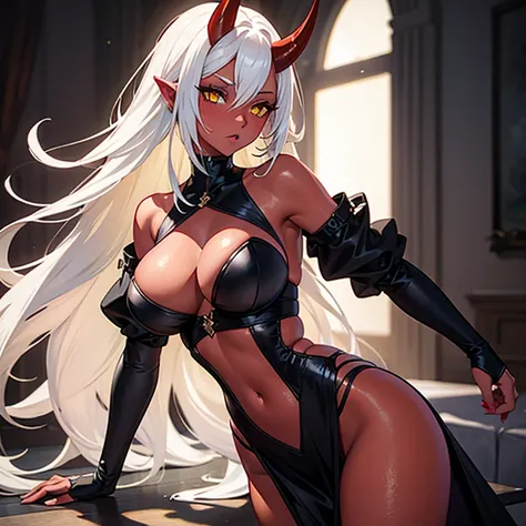 a girl with ((red skin, long white hair, yellow eyes, sexy clothes, and big breasts)). It also has ((red horns)). The colors of the image should be vivid, enhancing the fantasy style. The lighting should be spectacular, with high contrast and strong shadow...