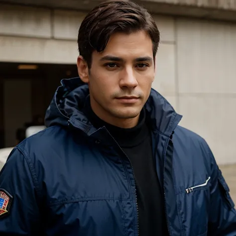 A man with short brown hair, con ojos azules, tactical jacket of American origin (realista)