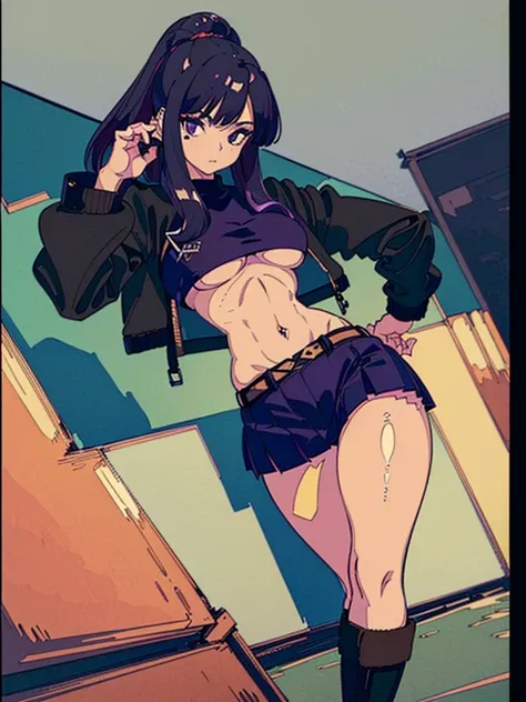 1990s, (masterpiece), high-definition, detailed face, cute girl, abs, (big tits: 1.4) big hips, round ass, (black hair with dark purple highlights: 1.4), (tight grey t-shirt: 1.4), (black jacket: 1.4), (purple tight skirt: 1.3), belt, (black thong: 1.2), t...