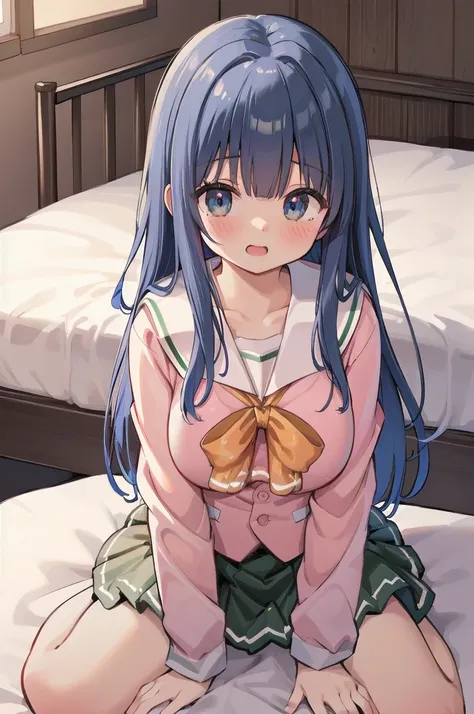 (((full body))), (((pnkserafuku))), (highest quality:1.2), alone, 1 girl, kotonoha aoi, (((spread legs onbed))),(((vaginal,sex))),(((cum in pussy))),(((from above))), (((lying on bed))),(((white bed sheet))),(((lie on the pillow))), ((blue hair)), smile, l...