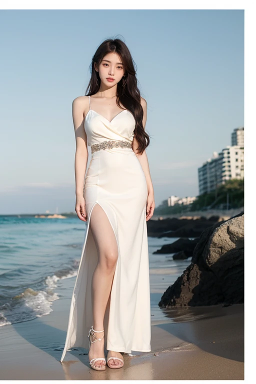 21yo girl, Arafad woman with nice dress up long white hair standing on the beach, Portrait of Korean female idol, 