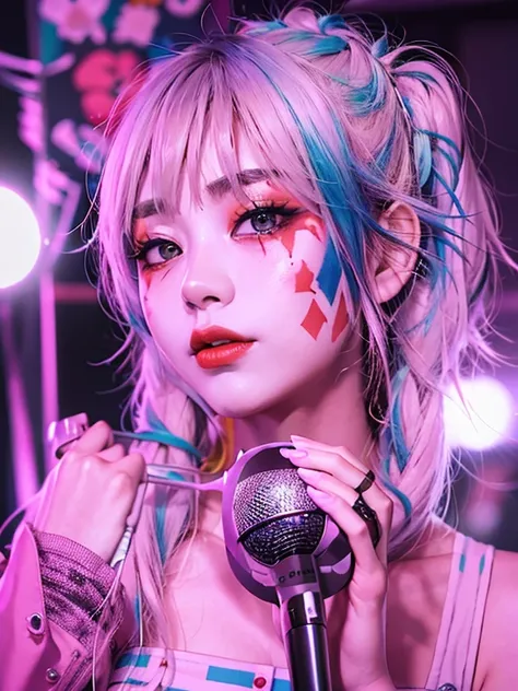 woman with face paint and makeup holding a microphone in front of a mirror, a picture by Shinoda Toko, flickr, neo-dada, chiho, taken in the early 2020s, konachan, e-girl, junko enoshima, e - girl, rin, japanese maid cafe, vocalist, live performance,Photor...