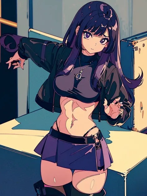 1990s, (masterpiece), high-definition, detailed face, cute girl, abs, (big tits: 1.4) big hips, round ass, (black hair with dark purple highlights: 1.4), (tight grey t-shirt: 1.4), (black jacket: 1.4), (purple tight skirt: 1.3), belt, (black thong: 1.2), t...