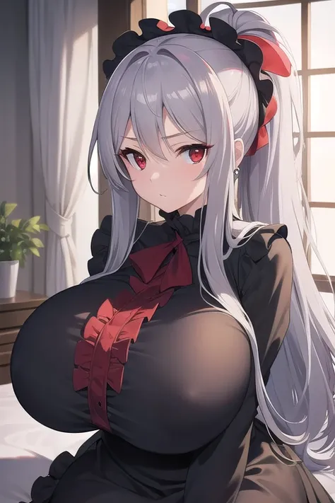 shalltear, shalltear, grey hair, long hair, (red eyes:1.5), silver hair, ponytail,
BREAK black dress, bonnet, bow, dress, frilled dress, frills, large bow, long sleeves, vampire, (impossible clothes:1.5), ((gigantic sagging breasts, large breasts, gigantic...