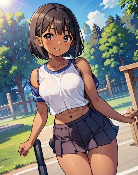 14 years old、美girl、Beautiful woman、cute、brown skin、low length、Ｅcup、muscular、biceps、abs、hamstring、short sleeve shirt、bluish black skirt、short skirt、silver hair、long bob、length to shoulder、school playground、blue sky、Beautiful sun、enjoying、young face、girl、bea...